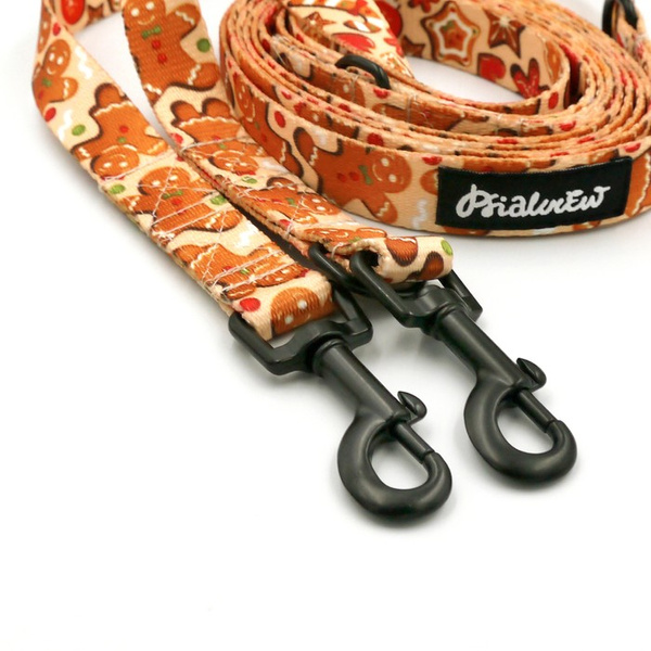 Long Dog Leash Cinnamon Gingerbread Psiakrew width 2 cm (0.78"), black snap hook 6 cm