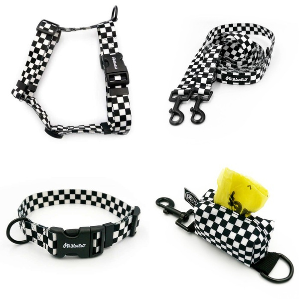 ACCESSORY KIT. Medium dog. Checker Psiakrew Series; Collar, Harness, Leash, Pouch for poop bags