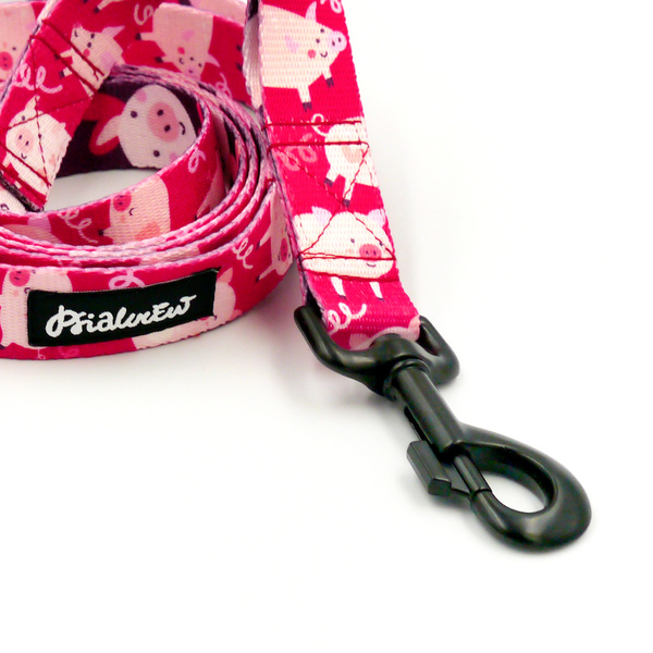 Dog Leash Piggy in Love Psiakrew width 2.5 cm, 1" wide, big black snap hook 8 cm