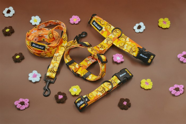 Lange abnehmbare Hundeleine Fleißige Bienen Psiakrew, Band 2,5 cm, Karabiner 8 cm, schwarz