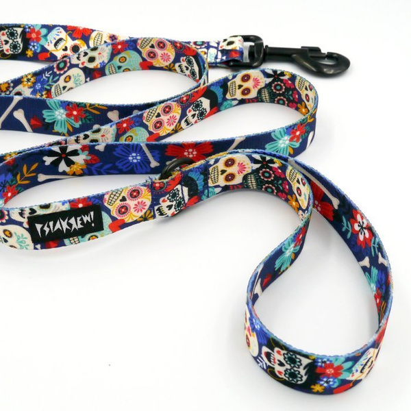 Dog Leash Día de los Muertos width 2.5 cm, 1" wide, big black snap hook 8 cm