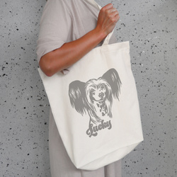 Personalized ECO Cotton Bag – Chinese Crested Dog Ecru with Name – Psiakrew Tote Bag Grey