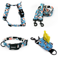 ACCESSORY KIT. Medium dog. Spotted Cow Psiakrew Series; Collar, Harness, Leash, Pouch for poop bags