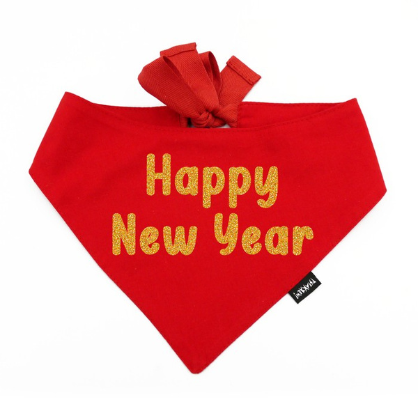 Rotes Bandana mit glitzernder goldener Aufschrift „Happy New Year“ Psiakrew