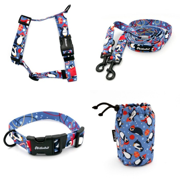 ACCESSORY KIT. Medium dog. Penguin Winter Psiakrew Series; Collar, Harness, Leash, Sachet for dog treats