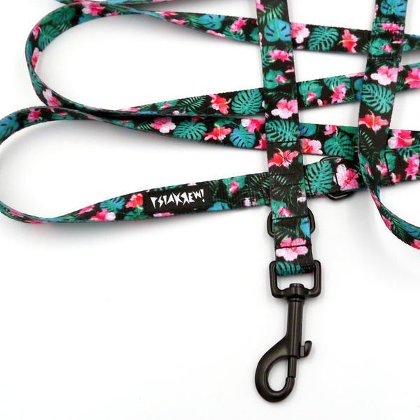 Dog Leash Tropical Monstera width 2.cm, (0.78") wide, black snap hook 7 cm