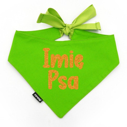Bandana z imieniem Psa Psiakrew, personalizowana chusteczka, zielona apaszka złoty brokatowy napis