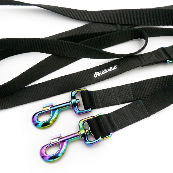 Lange Schwarze Hundeleine, wendbar, 2,5 cm, Holo-Beschläge, 8 cm, Psiakrew