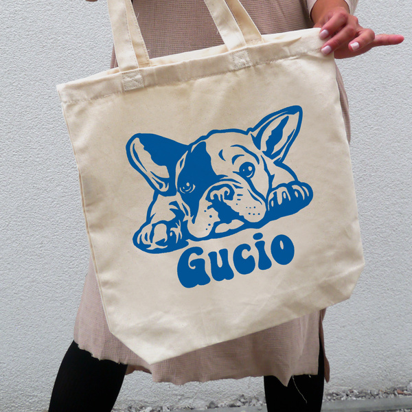 Torba bawełniana ECO personalizowana Buldog Francuski ecru z imieniem - tote bag Psiakrew Blue