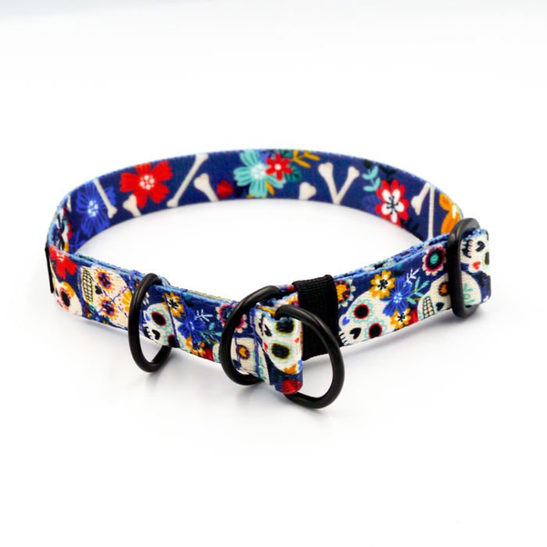Obroża półzaciskowa Día de los Muertos szeroka na 2 cm, dla małych psów, czarne dodatki
