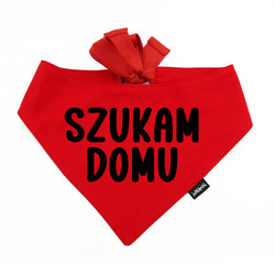 Bandana dla psa "Szukam Domu" – czerwona, wiązana chustka od Psiakrew, personalizowana apaszka