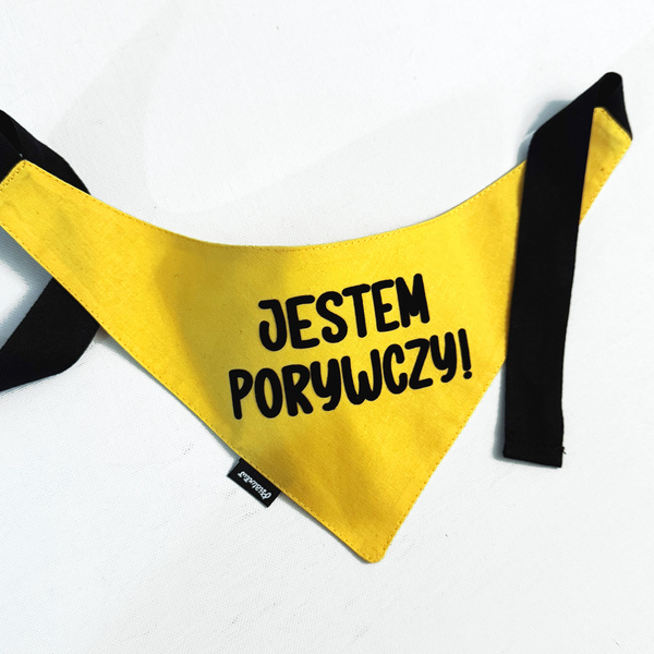 Bandana dla Psa - JESTEM PORYWCZY - Psiakrew, personalizowana wiązana chusteczka, żółta apaszka