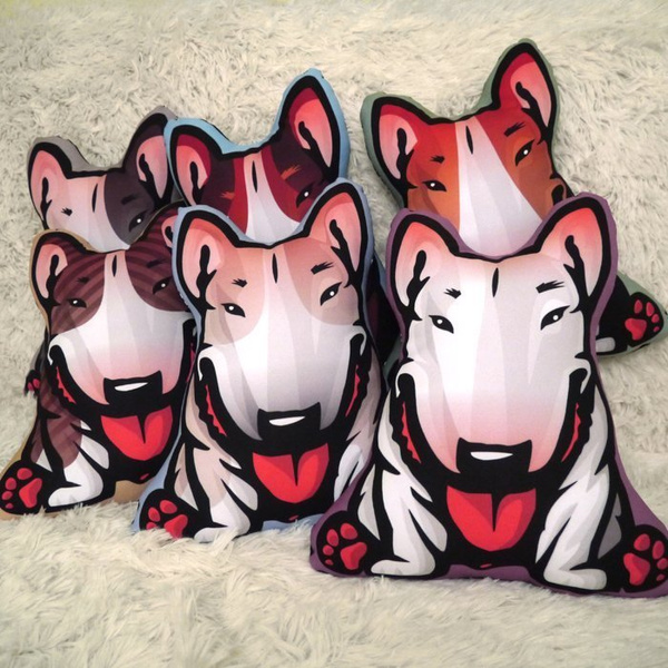 Decorative Dog Pillow Cushion Bull Terrier Tricolor, black tan white cuddly mascot