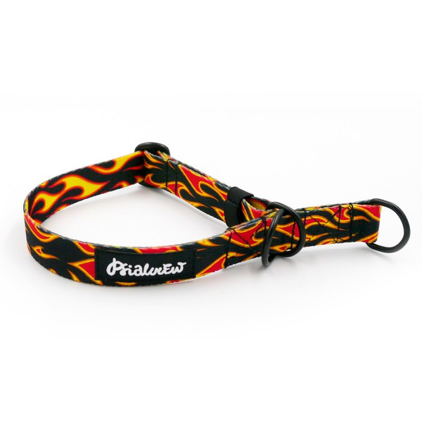 Obroża półzaciskowa w płomienie Dog On Fire szeroka na 2 cm, dla małych psów, czarne dodatki