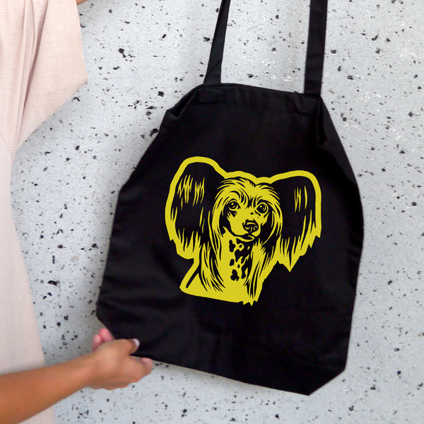 Personalisierte ECO-Baumwolltasche – Chinesischer Schopfhund in Schwarze mit Namen – Psiakrew Tragetasche Zitrone