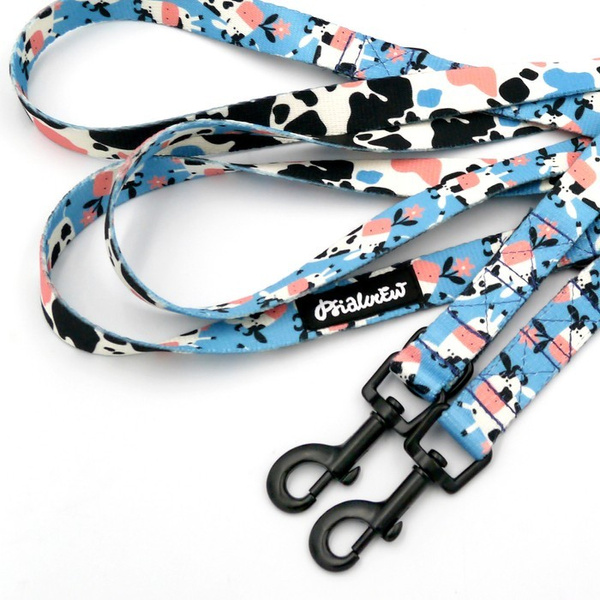 Long Dog Leash Spotted Cow Psiakrew width 2 cm (0.78"), black snap hook 6 cm