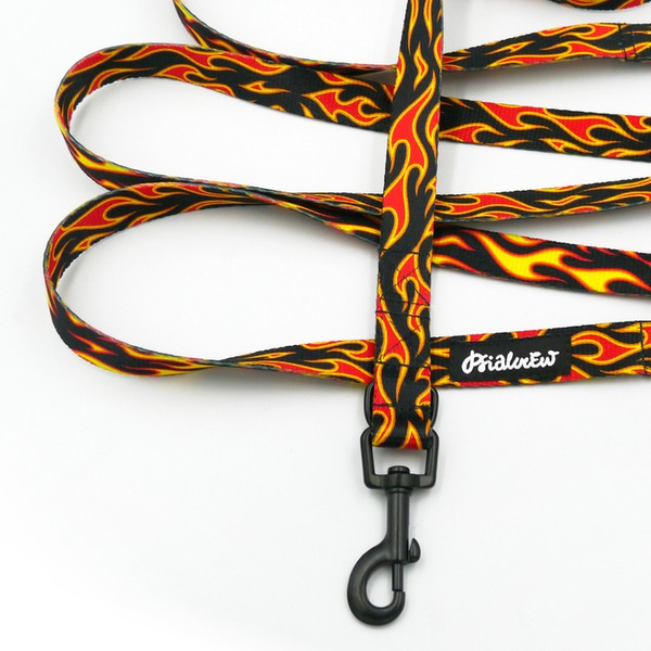 Long Dog Leash Dog on Fire Psiakrew width 2 cm (0.78"), black snap hook 6 cm
