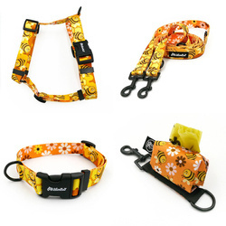ZUBEHÖRSATZ. Mittlerer Hund. Fleißige Bienen Psiakrew - Serie; Halsband, Geschirr, Leine, Etui für Kotbeutel