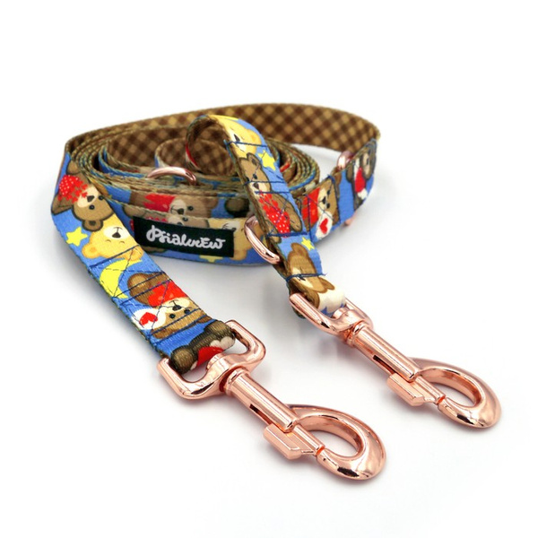 Dog Leash Teddy Bear Psiakrew width 2.5 cm, 1"  wide. pink gold, big snap hook 8 cm