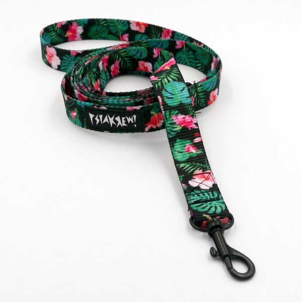 Dog Leash Tropical Monstera, 2 cm wide, black small snap hook 4 cm