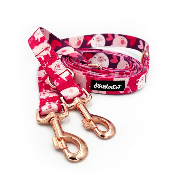 Dog Leash Piggy in Love Psiakrew width 2.5 cm, 1"  wide. pink gold, big snap hook 8 cm