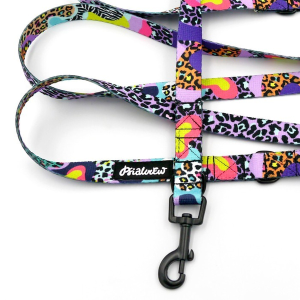 Smycz dla psa długa przepinana Crazy Leopard Psiakrew taśma 2 cm, czarny karabińczyk 6 cm