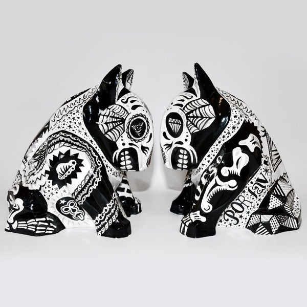 Skulptur Mexikanischer Bullterrier Tattoo, Tag der Toten, Dia De Los Muertos Skulptur Hundeskelett
