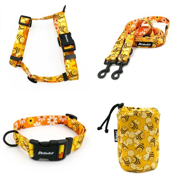 ZUBEHÖRSATZ. Mittlerer Hund. Fleißige Bienen Psiakrew - Serie; Halsband, Geschirr, Leine, Sachet für Hundeleckerli