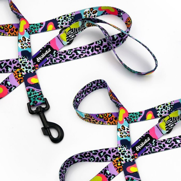 Smycz spacerowa miejska dla Psa Crazy Leopard, 2,5 cm, duży mocny czarny karabińczyk 8cm