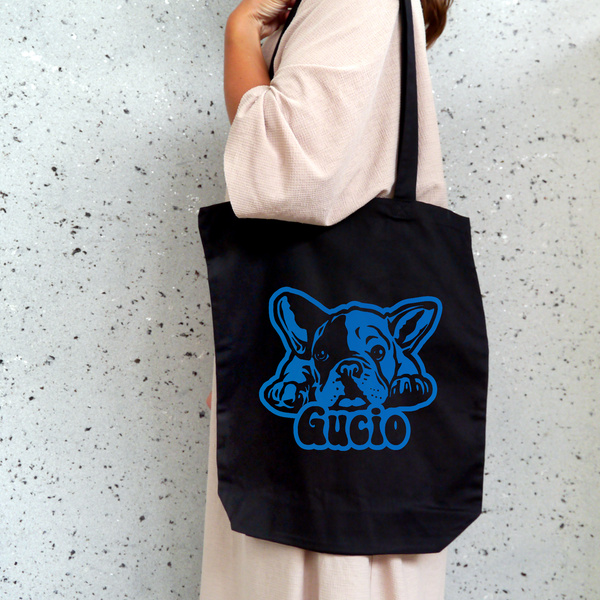 Torba bawełniana ECO personalizowana Buldog Francuski czarna z imieniem - tote bag Psiakrew Blue