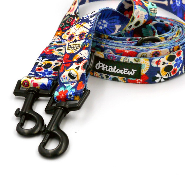 Dog Leash Dia de los Muertos width 2.5 cm, 1" wide, snap hook black 6cm