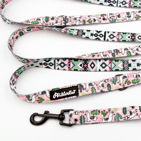 Long Dog Leash Llama Pink, width 2 cm (0.78") wide, black snap hook 6 cm