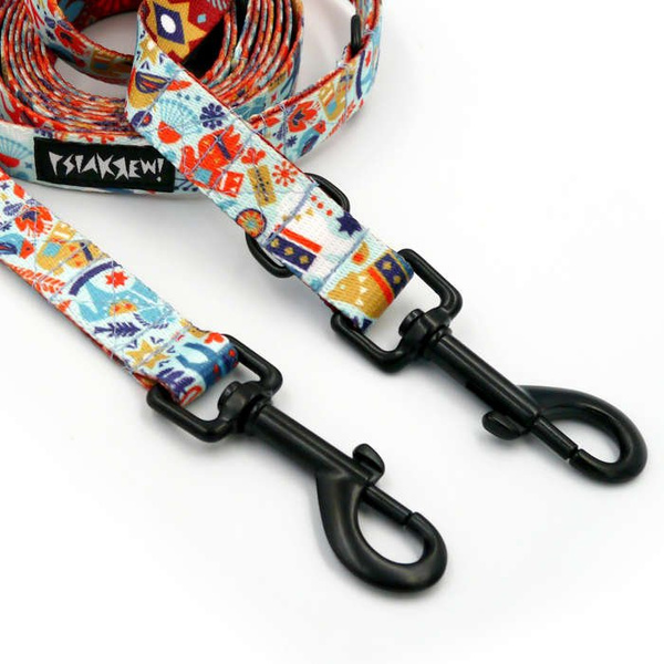 Long Dog Leash Winter Folk width 2 cm (0.78") wide, black snap hook 7 cm
