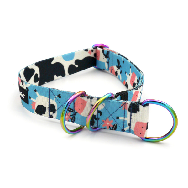 "Spotted Cow" Half-choke Dog Collar by Psiakrew 3 cm wide, holo extras