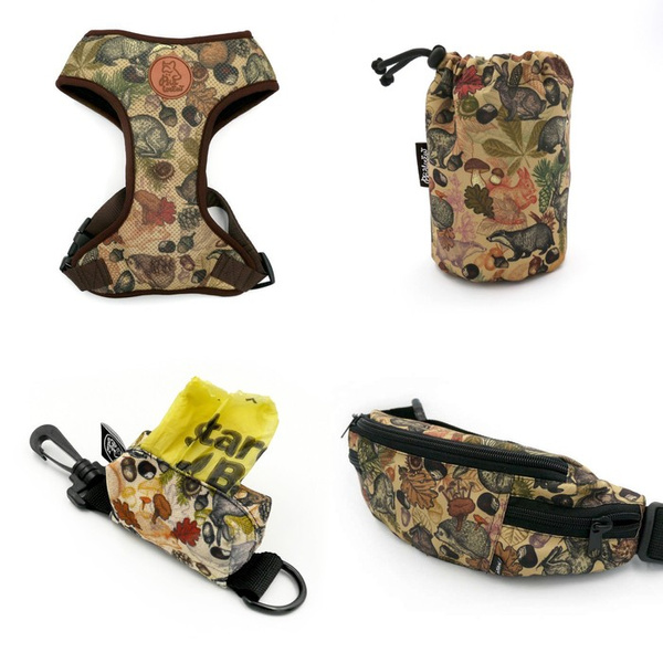 DOG ACCESSORY KIT. Psiakrew Forest Treasures Series; Dog Harness, Sachet, Pouch, Hip Bag