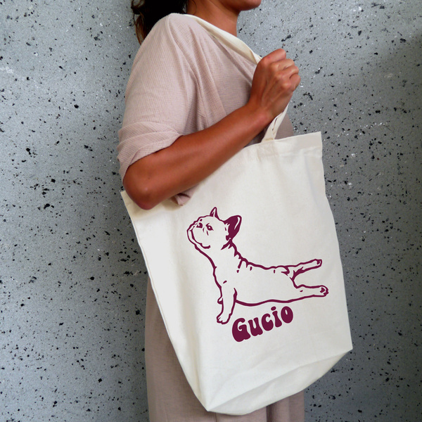 Torba bawełniana ECO personalizowana Buldog Francuski ecru z imieniem - tote bag Psiakrew Purple