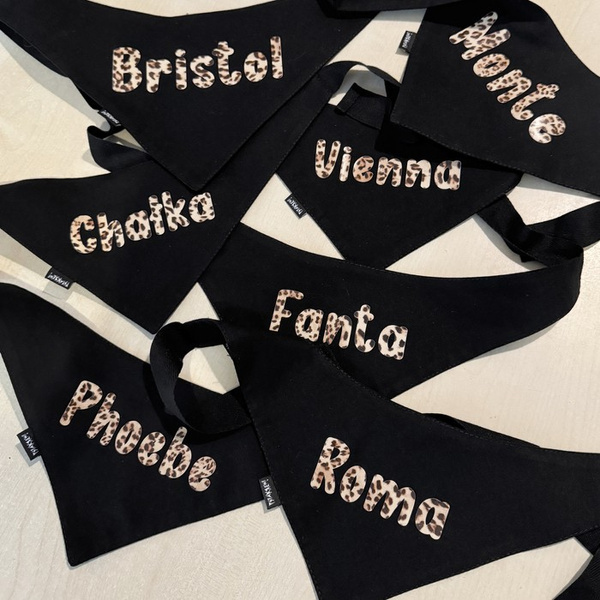 Czarna Bandana z imieniem Psa Psiakrew, personalizowana apaszka Leopard