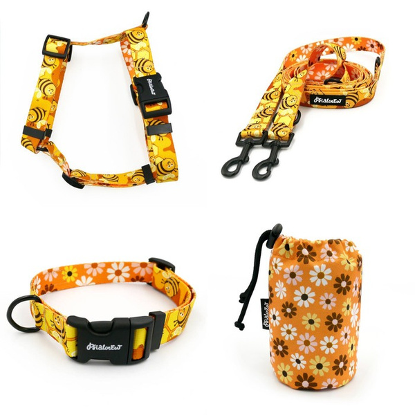 ACCESSORY KIT. Medium dog. Busy Bees Psiakrew Series; Collar, Harness, Leash, Sachet for dog treats