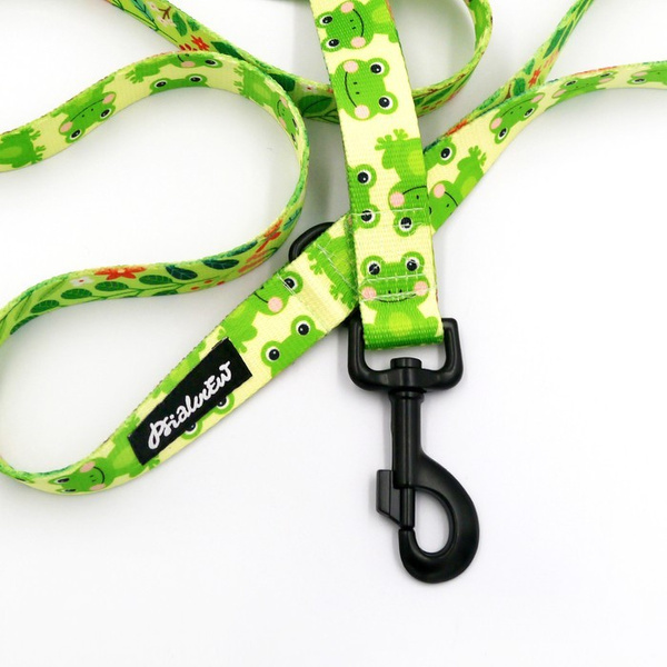 Dog Leash Green Frogs width 2.5 cm, 1" wide, big black snap hook 8 cm