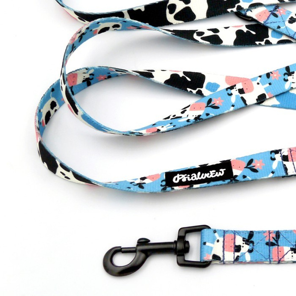 Long Dog Leash Spotted Cow Psiakrew width 2 cm (0.78"), black snap hook 6 cm