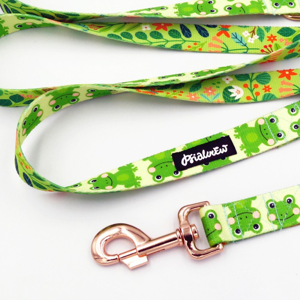 Dog Leash Green Frogs width 2.5 cm, 1" wide, pink gold, big snap hook 8 cm