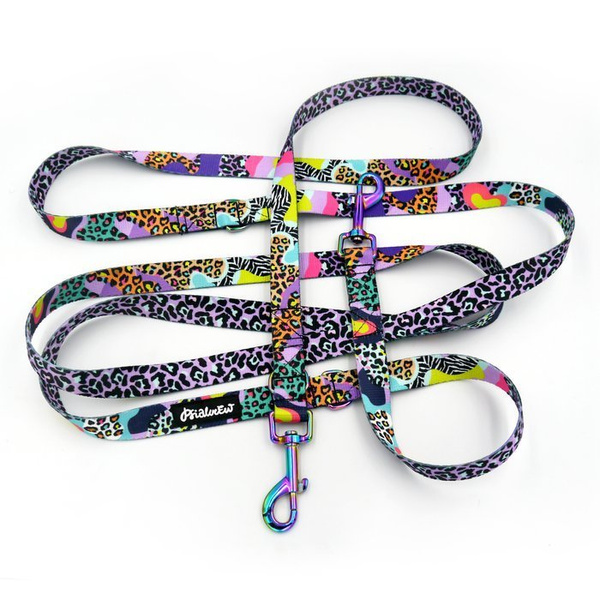 Long Dog Leash Crazy Leopard width 2 cm (0.78")  wide, Holo  petrol effect snap hook 7 cm
