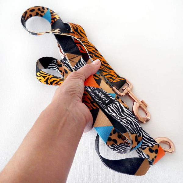 Dog Leash Wild Animals width 2.5 cm, 1" wide, pink gold, big snap hook 8 cm