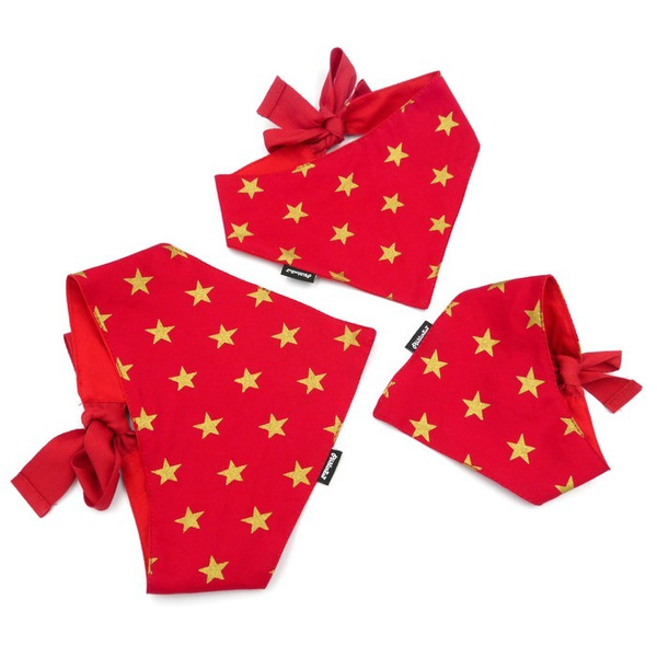 Red Christmas bandana for a dog with golden stars, a handkerchief, a scarf for a pet