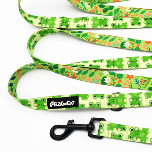 Long Dog Leash Green Frogs width 2 cm (0.78") wide, black snap hook