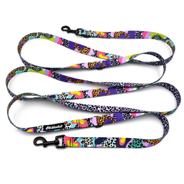 Smycz dla psa długa przepinana Crazy Leopard Psiakrew taśma 2 cm, czarny karabińczyk 6 cm