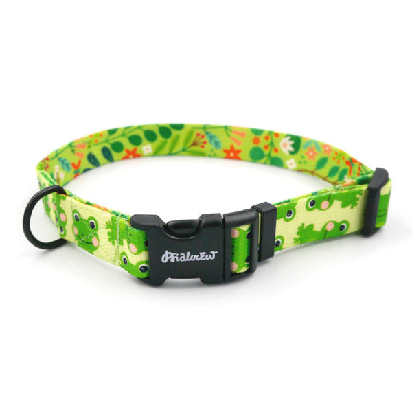 Dog Collar Psiakrew Green Frogs, 2 cm 0.78"  wide, for smaller dogs black extras