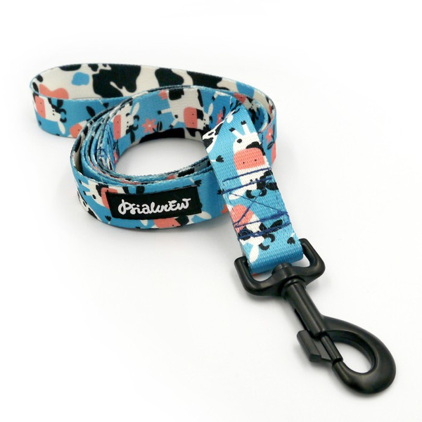 Dog Leash Spotted Cow width 2.5 cm, 1"  wide, big black snap hook 8 cm