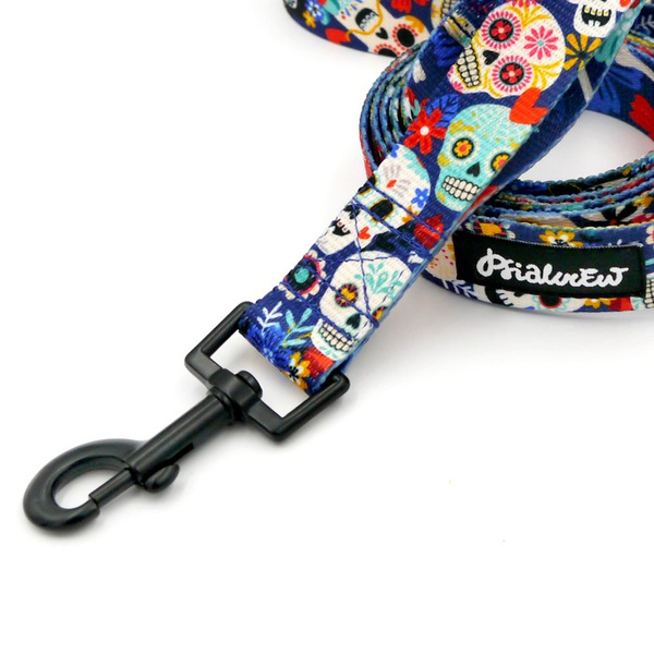 Dog Leash Dia de los Muertos width 2.5 cm, 1" wide, black snap hook 6 cm