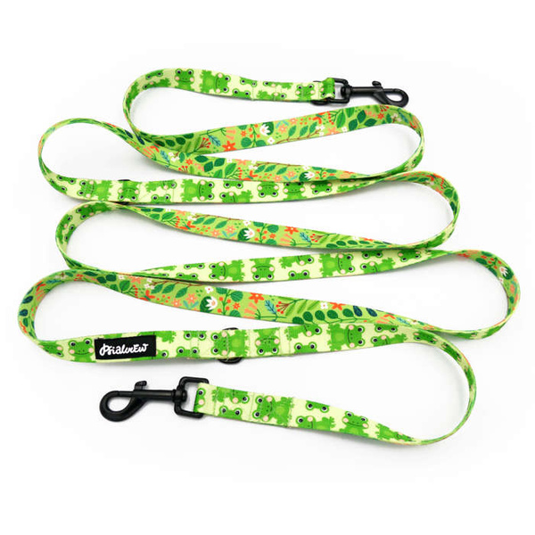 Long Dog Leash Green Frogs width 2 cm (0.78") wide, black snap hook